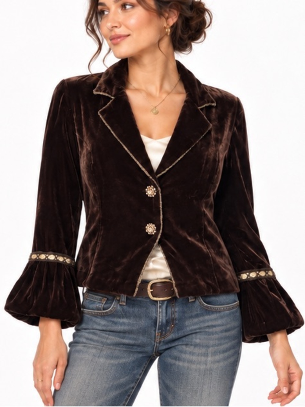 E by ECI Vintage Y2K Brown Velvet Blazer Jacket Silk Blend Jeweled Buttons Large